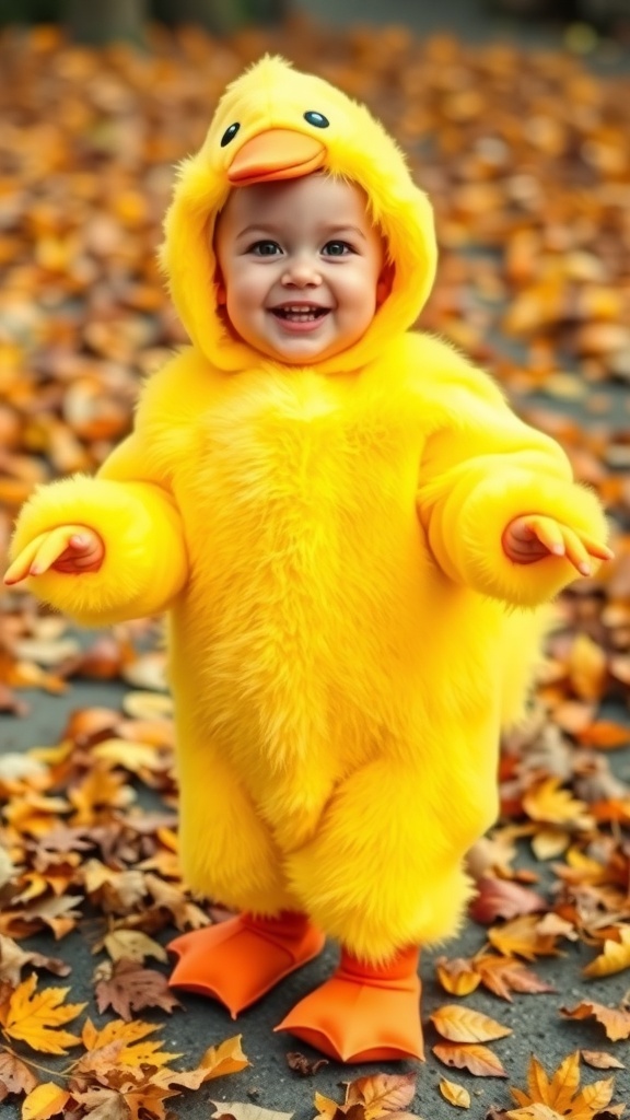 Child in a bright yellow duck costume with an orange beak and webbed feet, smiling in a fall setting.